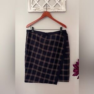 Brooks Brothers “346” Wool Plaid Faux Wrap Lined Skirt In Navy/Red/White Size 14